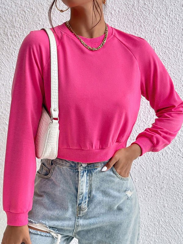 New women's long - sleeved round neck solid color sweater - Outerwear